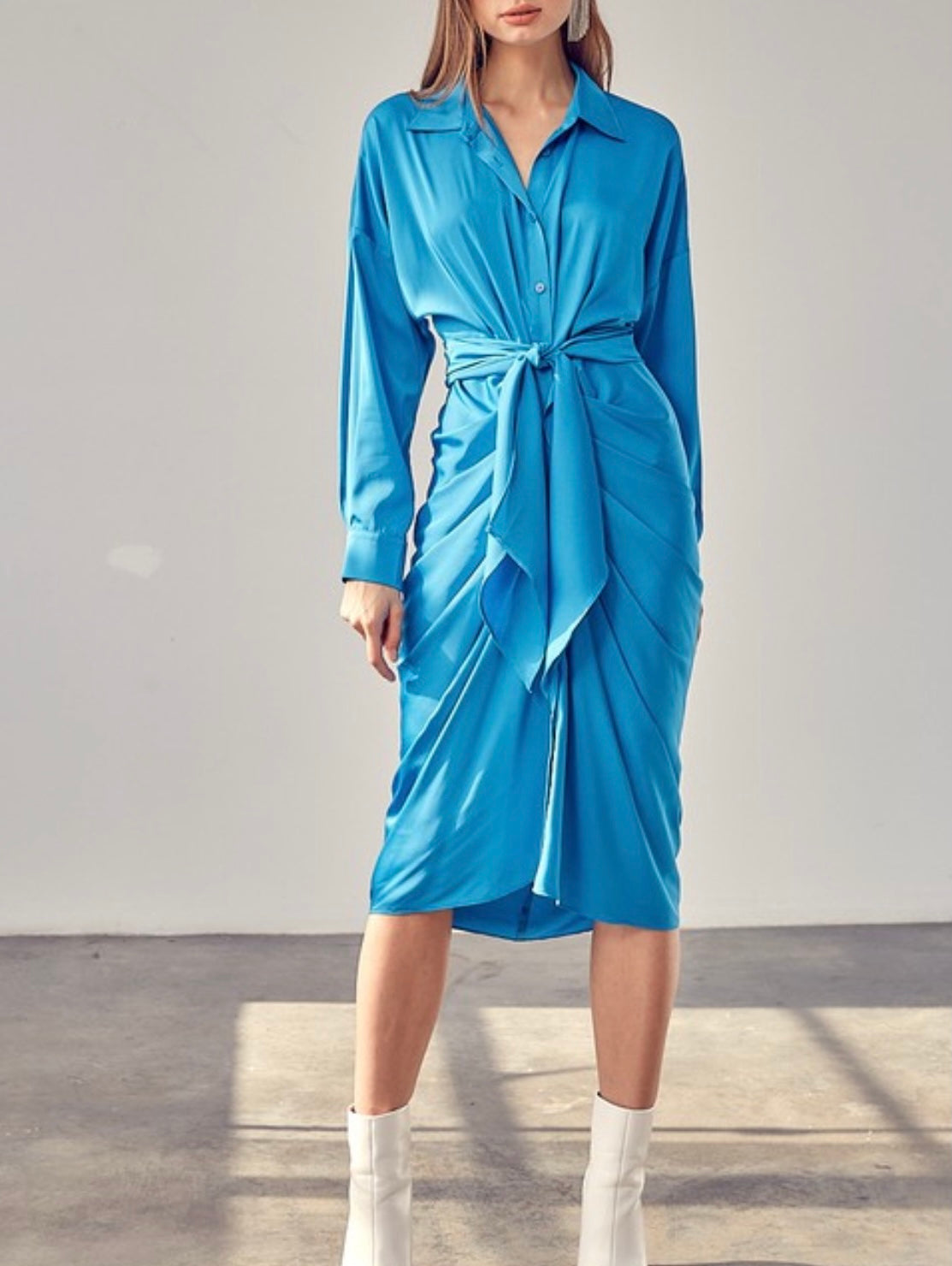 Blue Satin Tie Waist Long Sleeve Dress ...